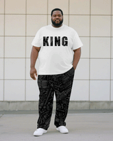 Men's Plus Size Black Jacquard King Short Sleeve T-Shirt Trousers Suit