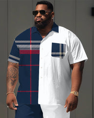 Big Men's Simple Plaid Stitching Print Short Sleeve Shirt Shorts Set
