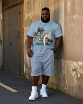 Big Men's Hawaiians Cartoon Coconut Tree and Car Printed Short Sleeve T-shirt Shorts Set