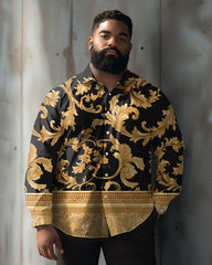 Retro Floral Pattern Big and Tall Men Lapel Long Sleeve Shirt