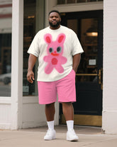 Big & Tall Men's Pink Rabbit Graffiti Print Round Neck Short Sleeve T-Shirt Shorts Suit