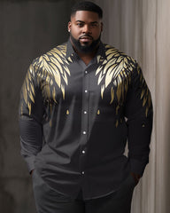 Big Guy's Casual Golden Feather Patterns Lapel Long Sleeve Shirt
