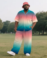 Big Men's Romantic Pink Gradient Style Button-up Short-Sleeve Shirt Pants 2-piece Sets