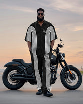 Big Man's Motorcycle Style/nightclub Striped Color Block Printed Short Sleeve Shirt Trousers Suit