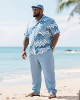 Big & Tall Men's Holiday Style Light Luxury Anti-Seaside Wave Printed Short Sleeve Shirt And Pants Suit