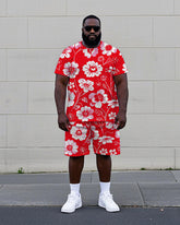 Big Men's Artistic Floral All Over Printed Hawaiian Short Sleeve T-Shirt and Shorts Set