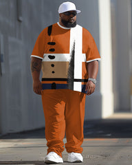 Men's Large Casual Colorblock Printed T-shirt Pants Suit