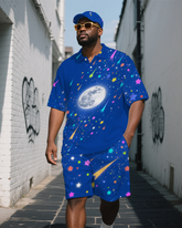 Big Men's Casual Colorful Stars Space Technological Theme Short-Sleeve Polo Shirt Shorts Set