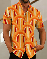 Big & Tall Men's Color-blocked Wave Geometry Print Henry Collar Short Sleeve Shirt