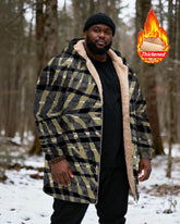 Big & Tall Men's Hunting Style Black Yellow Green Check Zebra Print Velvet Thickened Long Hooded Coat
