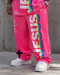 Big & Tall Men's Distressed Rainbow Stereo JESUS Letter Printed T-shirt Trousers Set