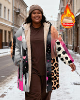 Women's Love Leopard Print Stitching Graffiti Print Velvet Thickened Long Hooded Coat