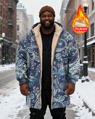 Big & Tall Men's Navy Blue And White Paisley Printed Velvet Padded Long Hooded Coat