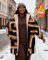 Women's Brown Geometric Print Velvet Thickened Long Hooded Coat