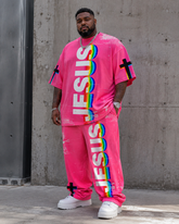 Big & Tall Men's Distressed Rainbow Stereo JESUS Letter Printed T-shirt Trousers Set
