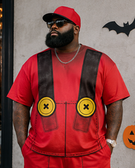 Big & Tall Men's Cartoon Print Round Neck Short Sleeve T-Shirt Shorts Set With Strap Button