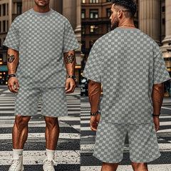 S-3XL Jacquard Checkerboard Solid-color Short-sleeve Shorts Sportswear Set