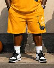 Big & Tall Men's Yellow Retro Hanging Pipe Print Crew-Neck Short-Sleeve T-Shirt And Shorts Set