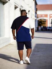 Big & Tall Men's Navy Red And White Color Matching Letter Printed Round Neck Short Sleeve T-shirt Shorts Set