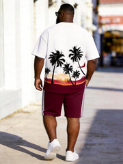 Big & Tall Men's Coconut Tree Sunset Wine Red Striped Printed Crewneck Short Sleeve T-Shirt Shorts Set