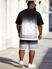 Big & Tall Men's Black And White Gradient Cashew Flower Printed Round Neck Short Sleeve T-shirt Shorts Set