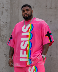 Big & Tall Men's Distressed Rainbow Stereo JESUS Letter Printed T-shirt Trousers Set