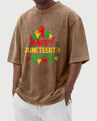 S-5XL Happy Juneteenth 1865 Colorful Palm Printed Wash Water Dressed T-Shirt