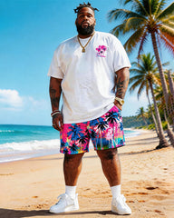 Big & Tall Men's White Powder Coconut Print Round Neck Short Sleeve T-Shirt Shorts Set