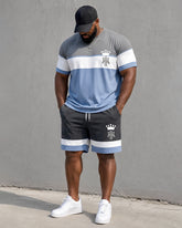 Big & Tall Men's Gray And Blue Stitching Crown Print Round Neck Short Sleeve T-shirt Shorts Set