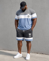 Big & Tall Men's Gray And Blue Stitching Crown Print Round Neck Short Sleeve T-shirt Shorts Set