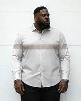 Big & Tall Men's Light Gray Bottom Brown Stripe Printed Long Sleeve Shirt