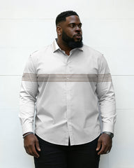 Big & Tall Men's Light Gray Bottom Brown Stripe Printed Long Sleeve Shirt