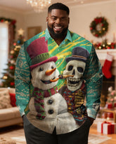 Big & Tall Men's Christmas Skull Snowman Print Long Sleeve Shirt