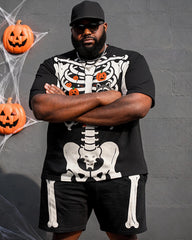 Big & Tall Men's Skeleton Chest Pumpkin Raccoon Print Round Neck Short Sleeve T-Shirt Shorts Set