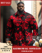 Men's Big and Tall Red & Black Rose Romantic Unique Lapel Long-Sleeved Shirt