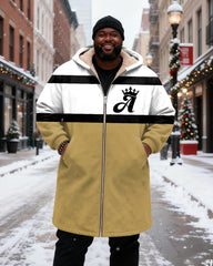 Big & Tall Men's Yellow, White And Black Bump Color With Crown Letter A Printed Velvet Padded Long Hooded Coat