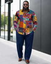 Big & Tall Men's Vintage Colorful Cashew Flower Geometric Print Long Sleeve Shirt Pants Set