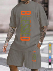 "BLESSED" Color Contrast Vertical Texture Pattern Large Size Casual Suit