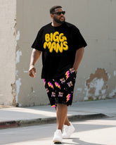 Men's Plus Size Street Graffiti Black Fun BIGGMANS Letter Print Round Neck Short Sleeve T-Shirt Shorts Suit
