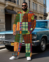 Men's Colorful Plaid Splicing Style Daily Casual Big & Tall Long Sleeve Shirt Pants Set