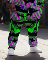 Men's Large Size Green Abstract Graffiti Smiley Hoodie Set of Two