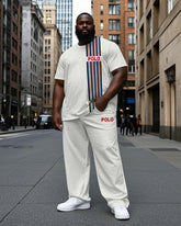 Big and Tall Men's Simple Black & Red Stripe POLO Letter Printed Active Short Sleeve T-shirt Pants Set