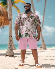 Big and Tall Men Hawaiian Plant Print Pink Shirt Shorts Set