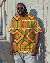 Men's Plus Size African Ethnic Style Yellow Geometric Print Round Neck Short Sleeve T-Shirt