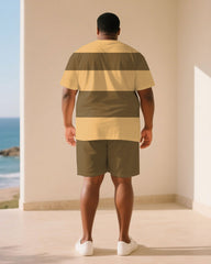 Big & Tall Men Khaki Thick Stripe Crewneck Short Sleeve T-Shirt Shorts Suit