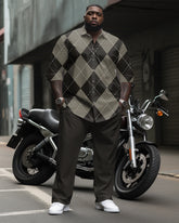 Men's Plus Size Classic Diamond Pattern Long Sleeve Lapel Shirt 2 Piece Set