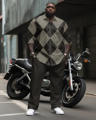 Men's Plus Size Classic Diamond Pattern Long Sleeve Lapel Shirt 2 Piece Set