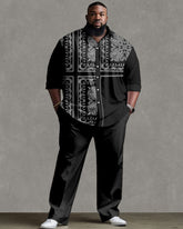 Men's Plus Size Street Fashion Vintage Stitching Pattern Long Sleeve Shirt Trousers Suit