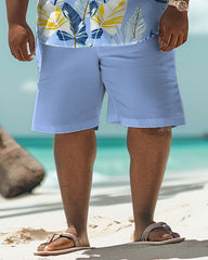 Men's Big and Tall Hawaiian Blue Tropical Leaf Print Shirt Shorts Set
