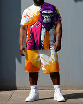 Big & Tall Men's Tie Dye Gorillas with Suit Printed Short Sleeve T-shirt and Short Set
